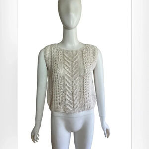 Ann Stevens Women's Round Neck Sleeveless White Cable Knit Top Ramie Cotton Sz L